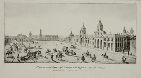 Dibujo de John Miers, litografía de Thomas Mann Baynese. Gran plaza de Santiago con diferentes trajes nacionales. Londres, 1826