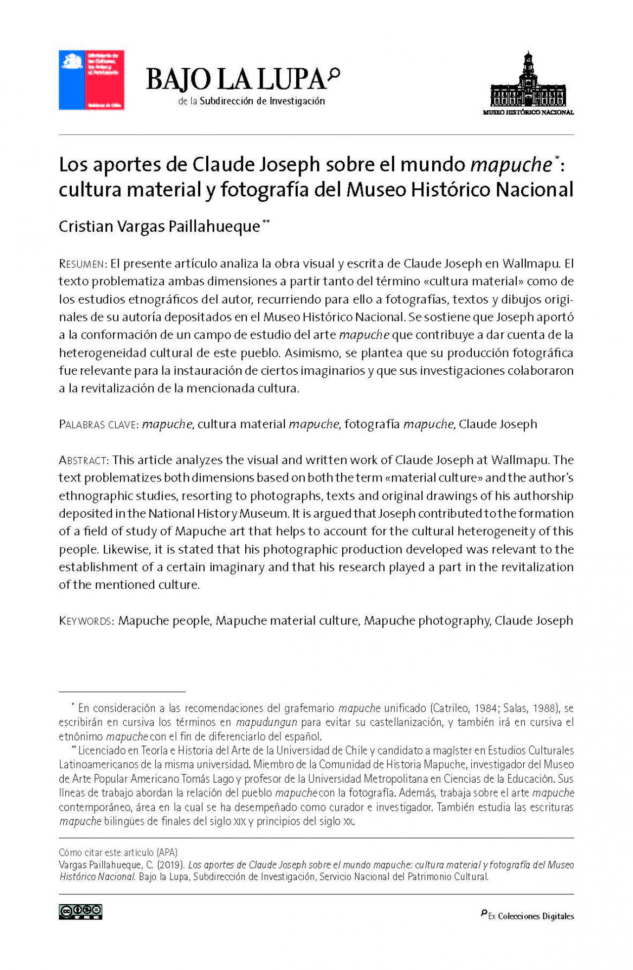 Los aportes de Claude Joseph sobre el mundo mapuche - cultura material y fotografía del Museo Histórico Nacional